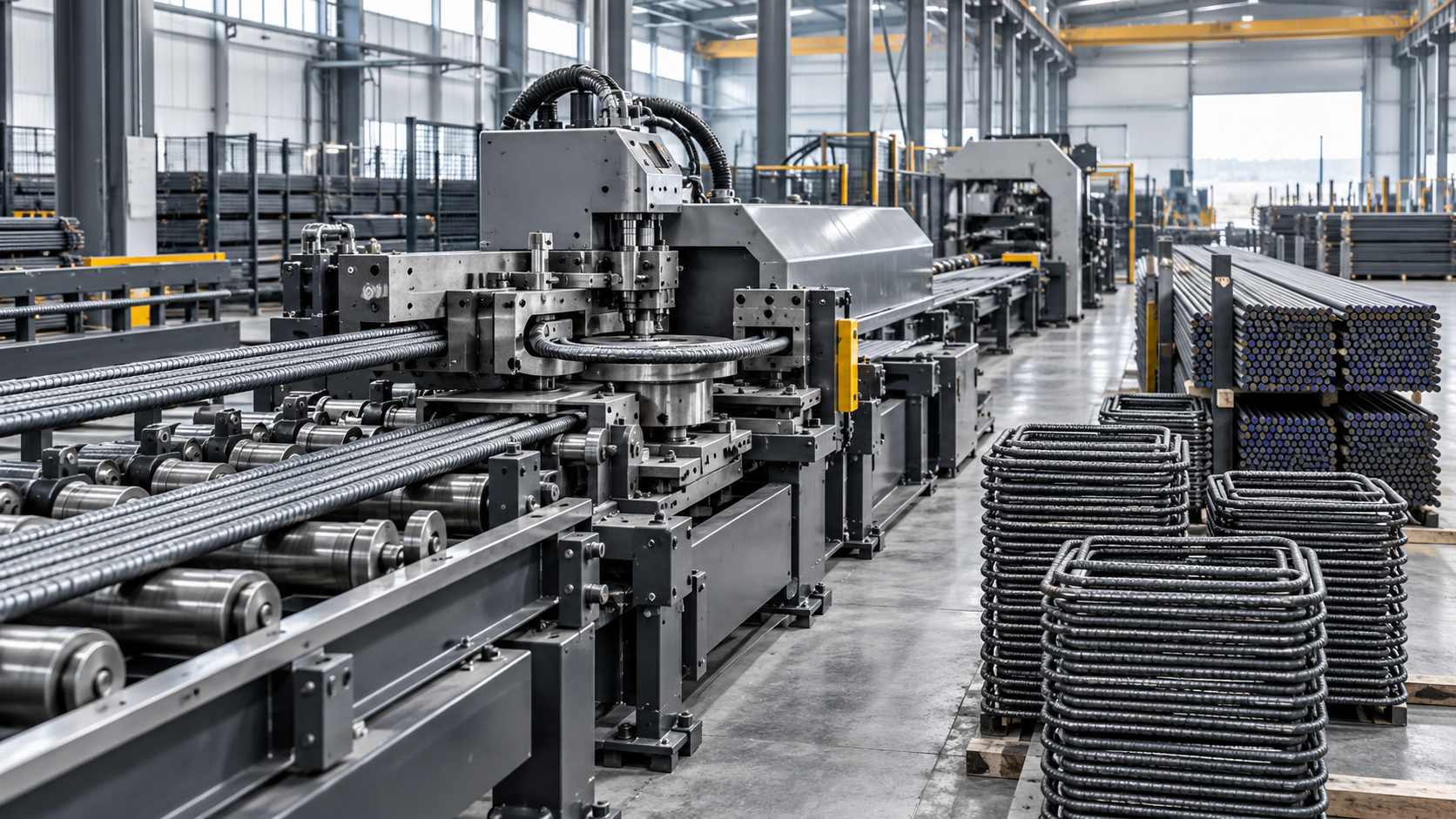 Illustrative view of automated rebar cutting and bending machinery